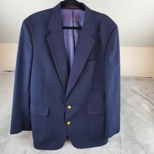 Brookcraft Wool Blend Blazer Mens 43R Gold Crest Button Classic Sport Coat Navy